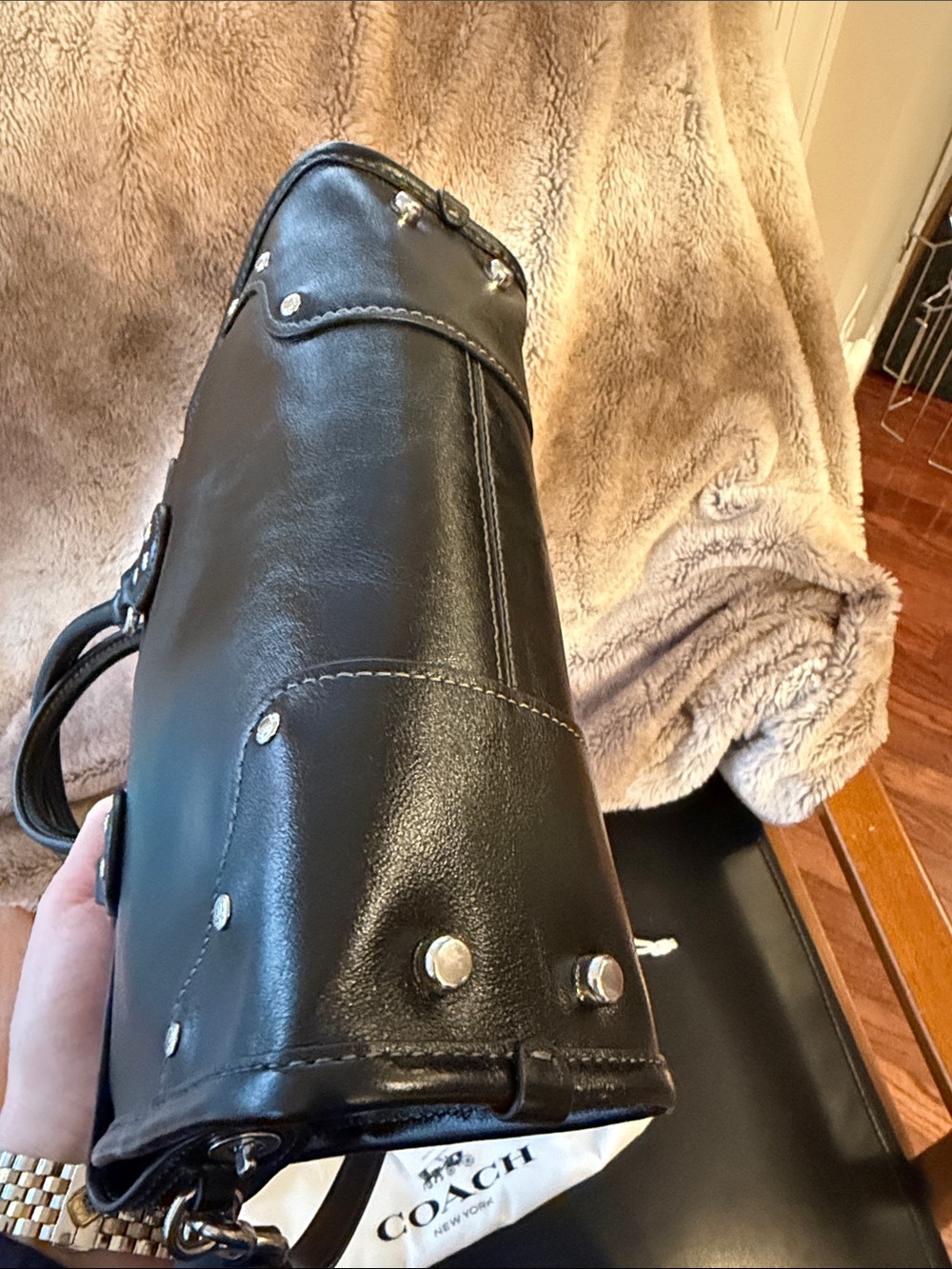 Coach Rhyder Satchel Bag 24 Glazed Leather Black Silver - Picture 4 of 14